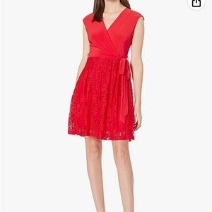 Taylor Red Lace Skirt Faux Wrap Short Sleeve Fit & Flare Dress Size 8